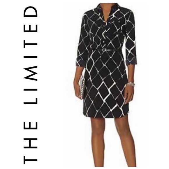 The Limited Dresses & Skirts - THE LIMITED Ashton Shirt Dress Black White Long Sleeve Roll Tab Squares Womens M